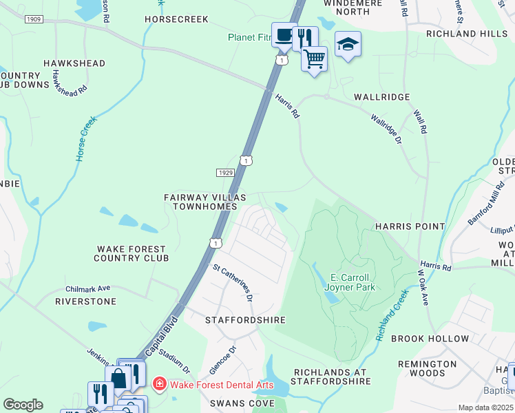 map of restaurants, bars, coffee shops, grocery stores, and more near 13120 Capital Boulevard in Wake Forest