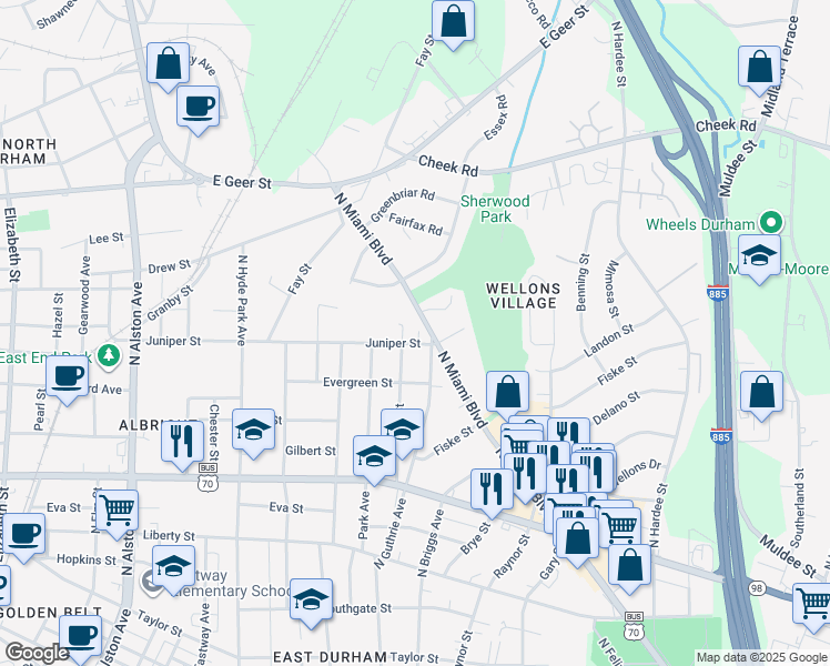 map of restaurants, bars, coffee shops, grocery stores, and more near 1215 North Guthrie Avenue in Durham