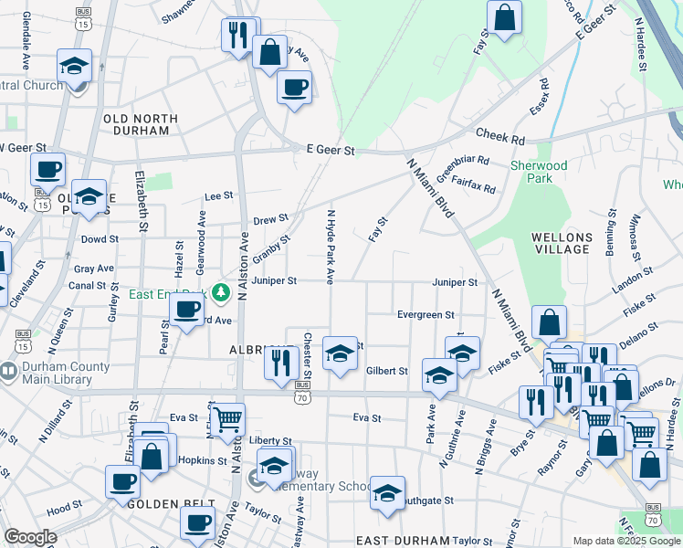 map of restaurants, bars, coffee shops, grocery stores, and more near 1116 Juniper Street in Durham