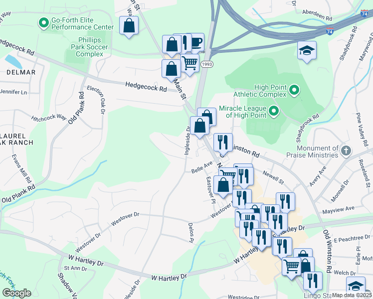 map of restaurants, bars, coffee shops, grocery stores, and more near 3010 Ingleside Drive in High Point