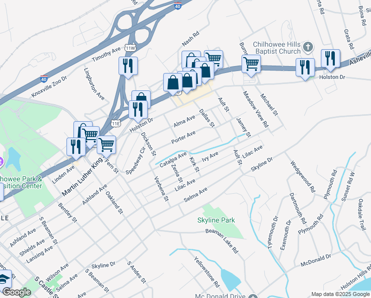 map of restaurants, bars, coffee shops, grocery stores, and more near 3926 Catalpa Avenue in Knoxville