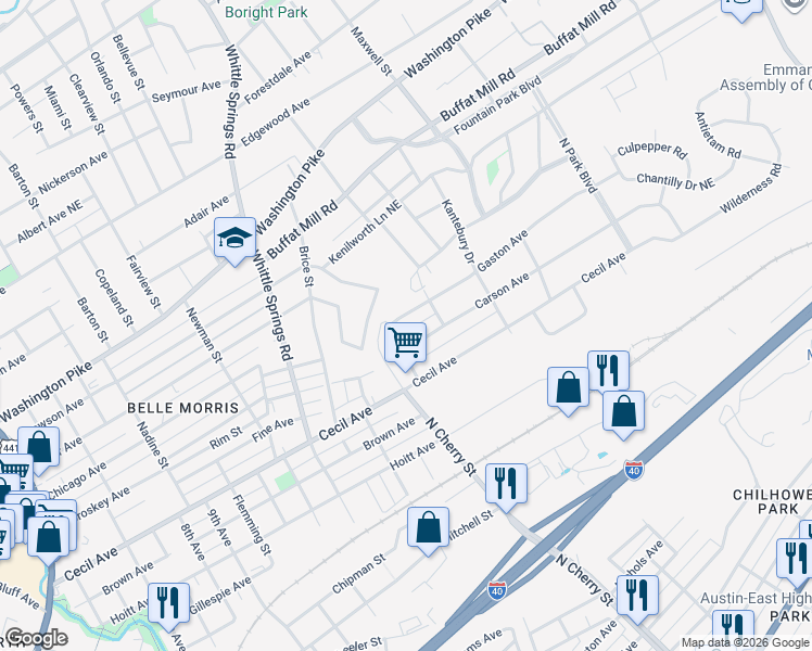 map of restaurants, bars, coffee shops, grocery stores, and more near 2615 Carson Avenue in Knoxville