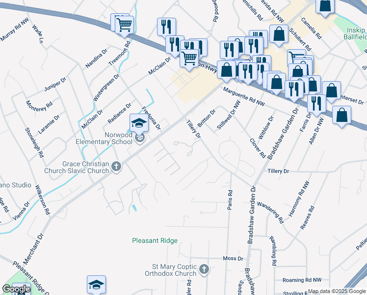 map of restaurants, bars, coffee shops, grocery stores, and more near 5253 Tillery Drive in Knoxville