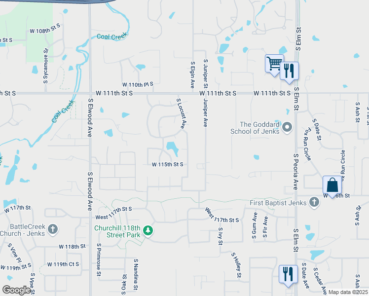 map of restaurants, bars, coffee shops, grocery stores, and more near 11409 South Locust Avenue in Jenks