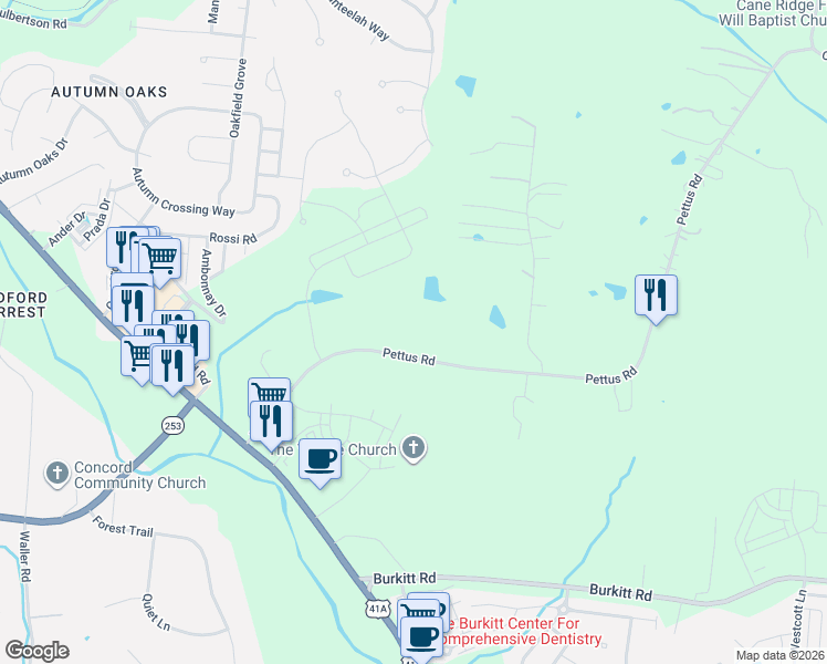 map of restaurants, bars, coffee shops, grocery stores, and more near 6375 Pettus Road in Nashville