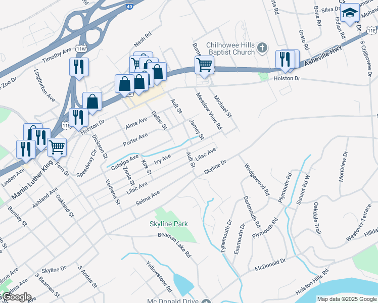 map of restaurants, bars, coffee shops, grocery stores, and more near 4137 Lilac Avenue in Knoxville