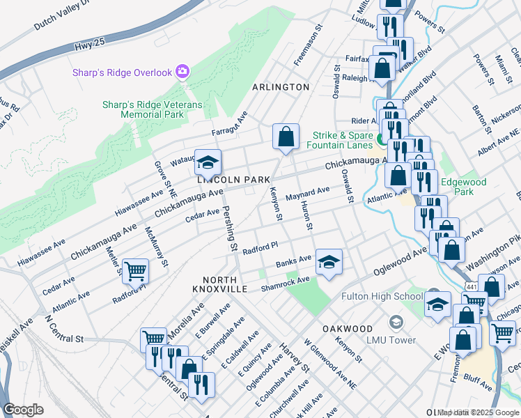 map of restaurants, bars, coffee shops, grocery stores, and more near 714 Maynard Avenue in Knoxville