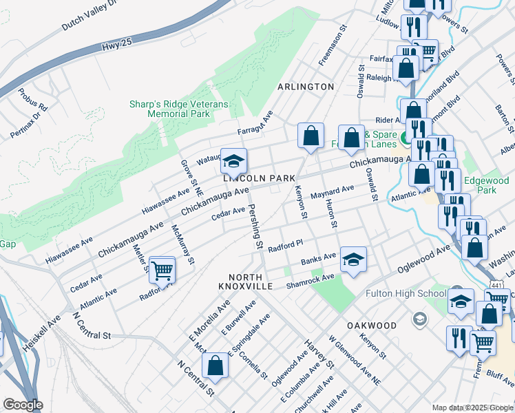 map of restaurants, bars, coffee shops, grocery stores, and more near 3120 Pershing Street in Knoxville
