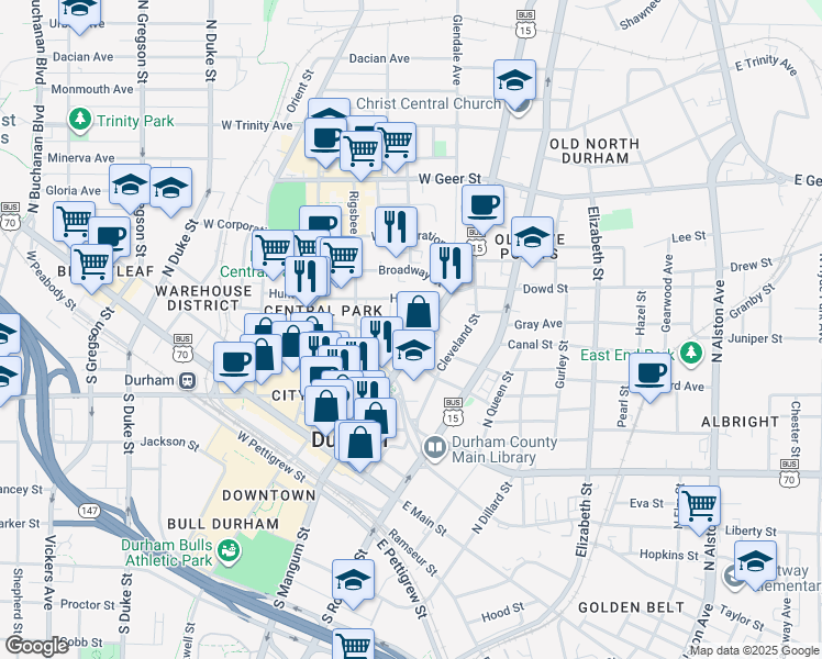 map of restaurants, bars, coffee shops, grocery stores, and more near 108 West Seminary Avenue in Durham