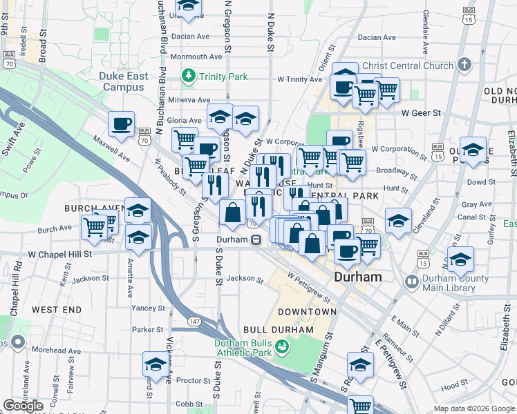 map of restaurants, bars, coffee shops, grocery stores, and more near 601 West Morgan Street in Durham