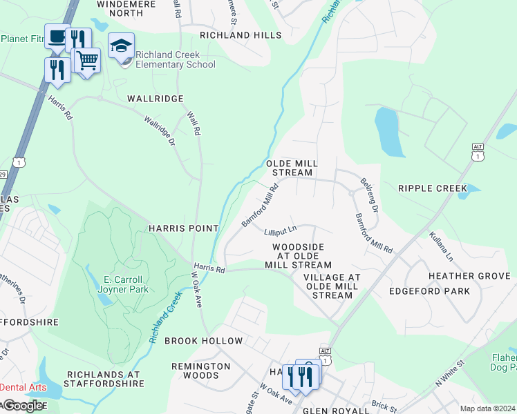 map of restaurants, bars, coffee shops, grocery stores, and more near 1011 Barnford Mill Road in Wake Forest