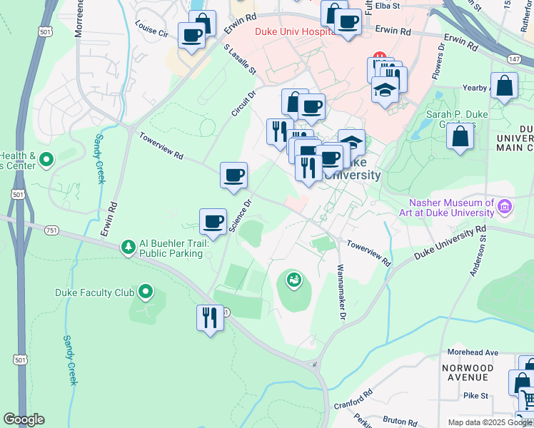 map of restaurants, bars, coffee shops, grocery stores, and more near 302 Towerview Road in Durham