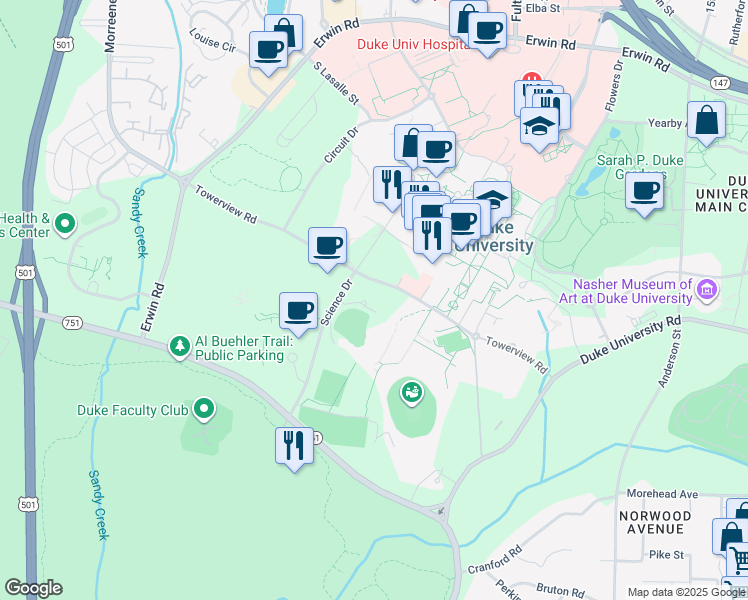 map of restaurants, bars, coffee shops, grocery stores, and more near 302 Towerview Road in Durham