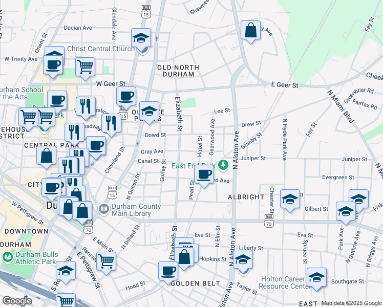 map of restaurants, bars, coffee shops, grocery stores, and more near 512 Gray Avenue in Durham