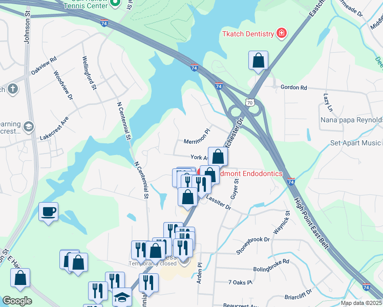 map of restaurants, bars, coffee shops, grocery stores, and more near 1609 York Avenue in High Point