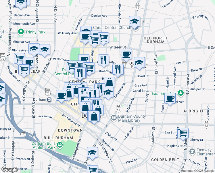 map of restaurants, bars, coffee shops, grocery stores, and more near 108 West Seminary Avenue in Durham