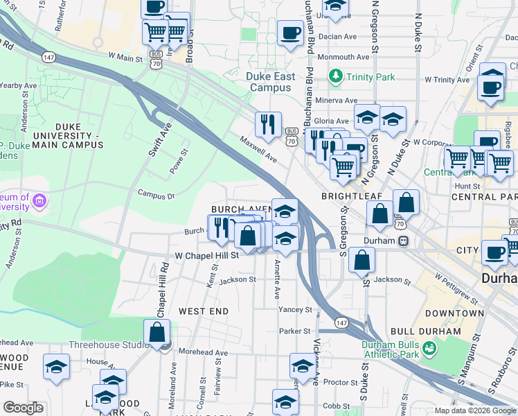 map of restaurants, bars, coffee shops, grocery stores, and more near 802 Burch Avenue in Durham