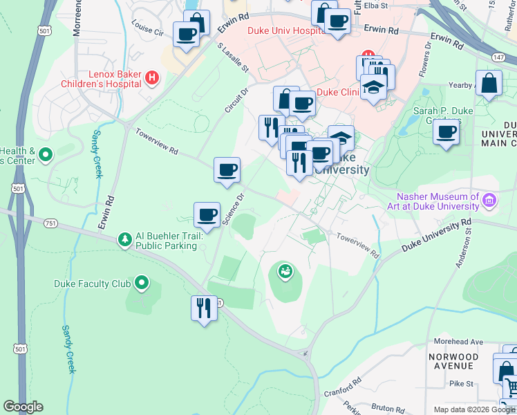map of restaurants, bars, coffee shops, grocery stores, and more near 115 Whitford Drive in Durham