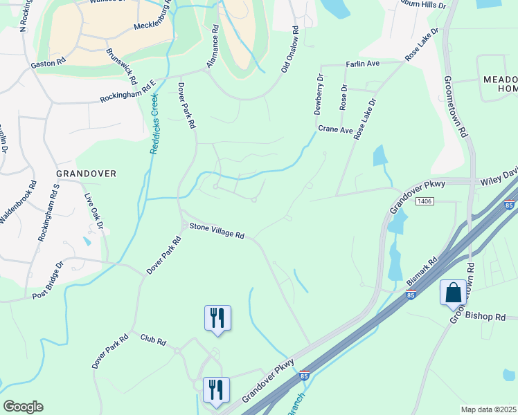 map of restaurants, bars, coffee shops, grocery stores, and more near 4319 Griffins Gate Lane in Greensboro