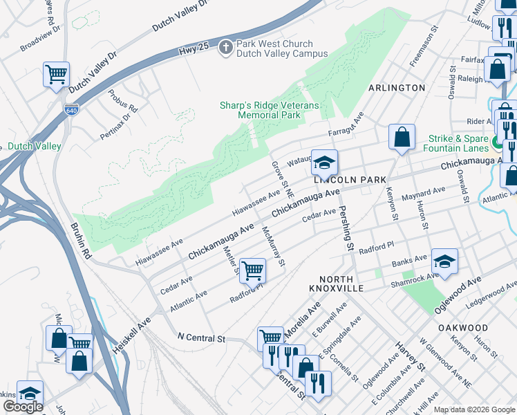 map of restaurants, bars, coffee shops, grocery stores, and more near 410 Chickamauga Avenue in Knoxville