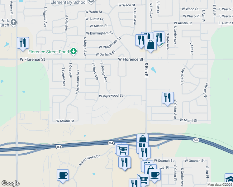 map of restaurants, bars, coffee shops, grocery stores, and more near 5307 South Juniper Avenue in Broken Arrow