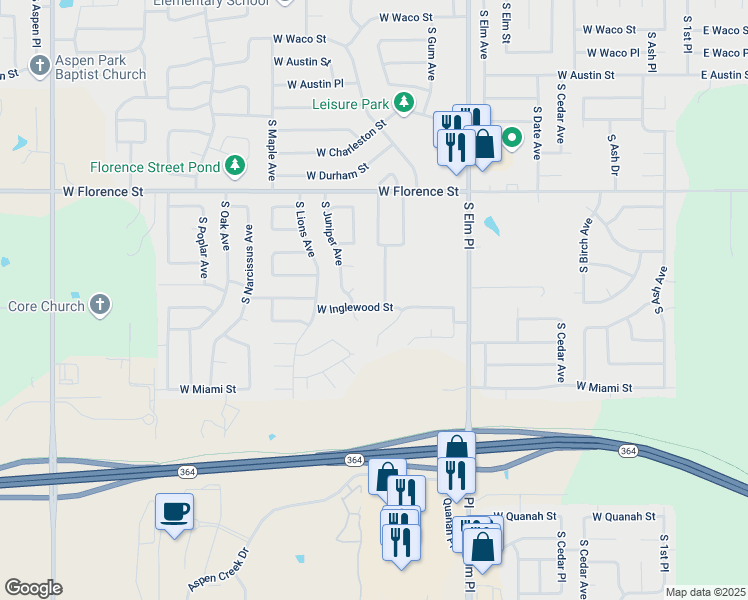 map of restaurants, bars, coffee shops, grocery stores, and more near 5307 South Juniper Avenue in Broken Arrow