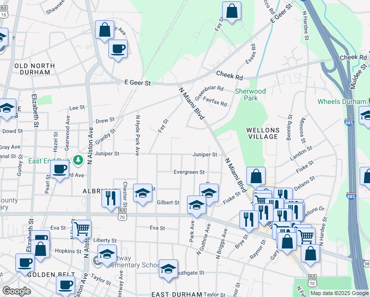map of restaurants, bars, coffee shops, grocery stores, and more near 1214 North Driver Street in Durham