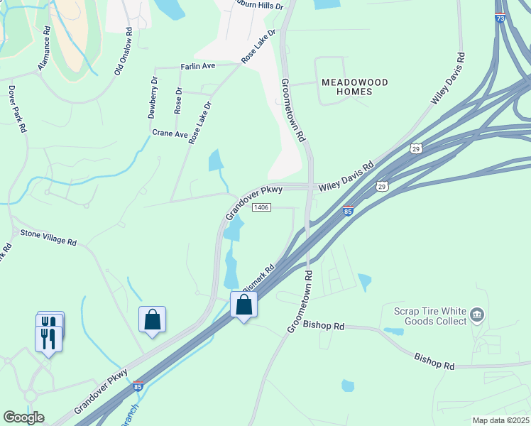 map of restaurants, bars, coffee shops, grocery stores, and more near 3600 Bismark Road in Greensboro
