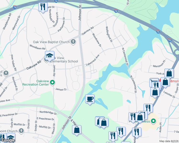 map of restaurants, bars, coffee shops, grocery stores, and more near 908 Lakecrest Avenue in High Point