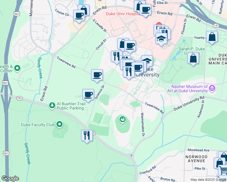 map of restaurants, bars, coffee shops, grocery stores, and more near 302 Towerview Road in Durham