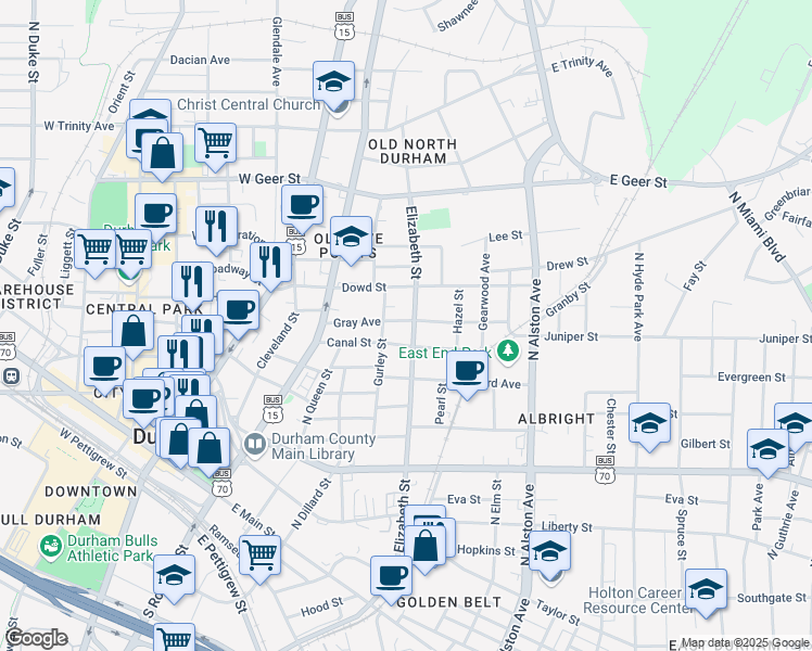 map of restaurants, bars, coffee shops, grocery stores, and more near 410 Gray Avenue in Durham