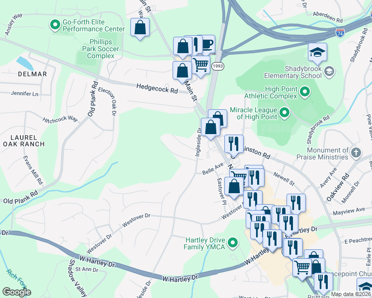 map of restaurants, bars, coffee shops, grocery stores, and more near 3023 Ingleside Drive in High Point