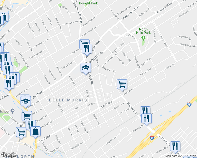 map of restaurants, bars, coffee shops, grocery stores, and more near 2313 Brice Street in Knoxville