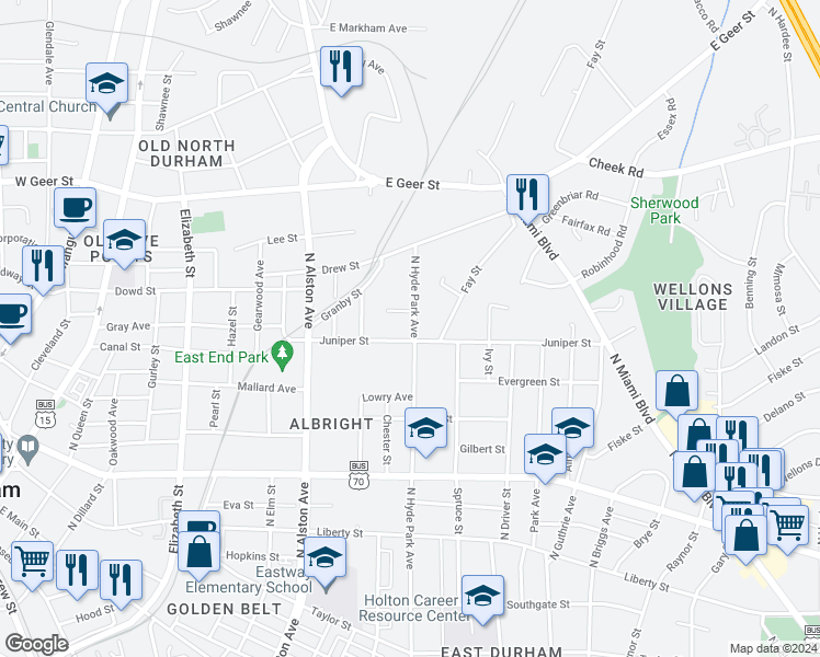 map of restaurants, bars, coffee shops, grocery stores, and more near 1215 North Hyde Park Avenue in Durham
