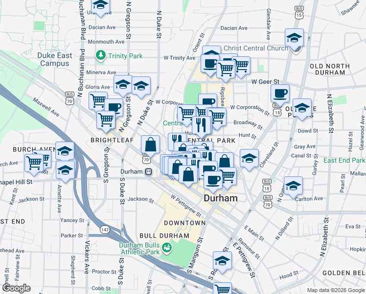 map of restaurants, bars, coffee shops, grocery stores, and more near 200 Morris Street in Durham