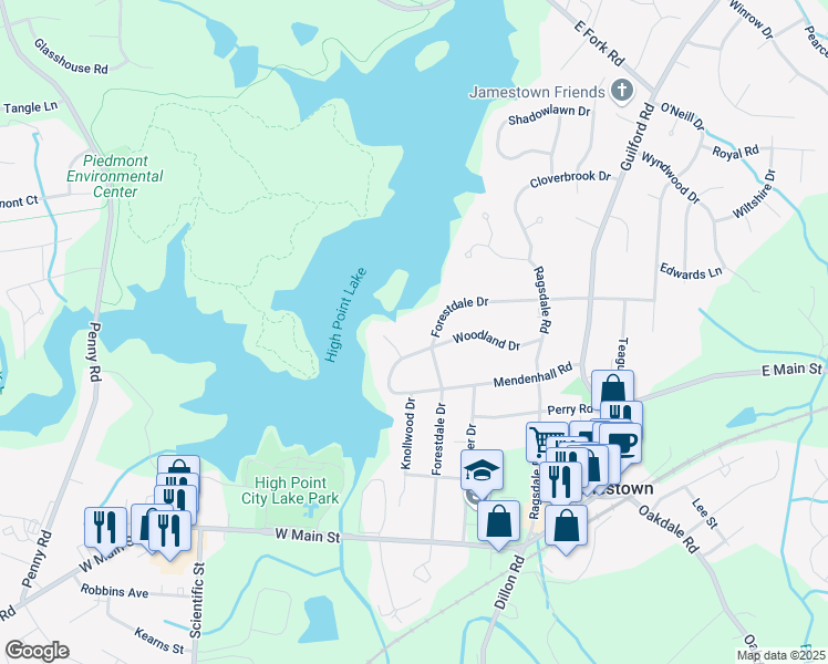 map of restaurants, bars, coffee shops, grocery stores, and more near 517 Mendenhall Road in Jamestown
