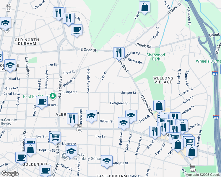 map of restaurants, bars, coffee shops, grocery stores, and more near 1215 Ivy Street in Durham