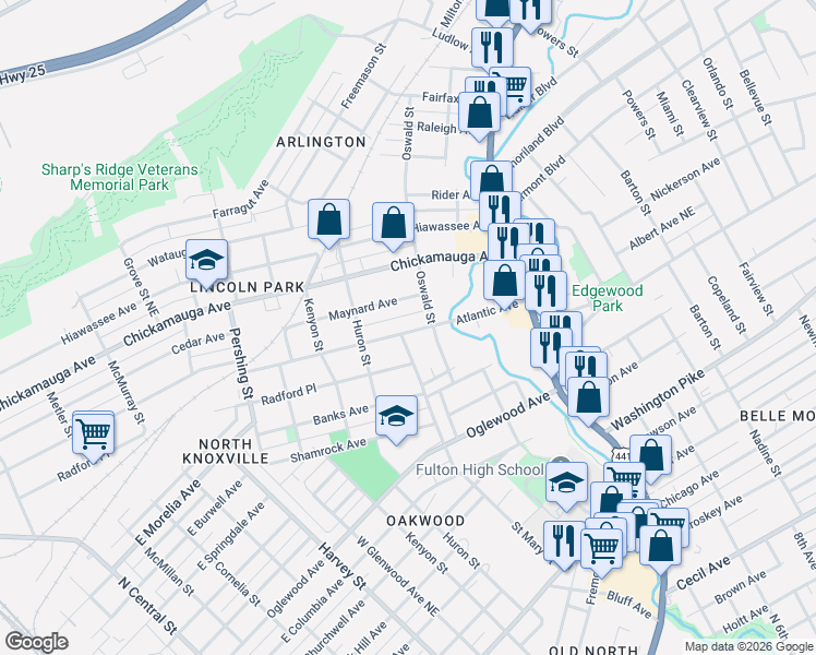 map of restaurants, bars, coffee shops, grocery stores, and more near 1018 Atlantic Avenue in Knoxville