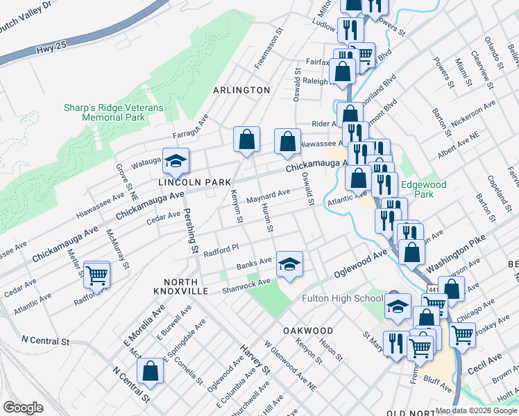 map of restaurants, bars, coffee shops, grocery stores, and more near 820 Atlantic Avenue in Knoxville