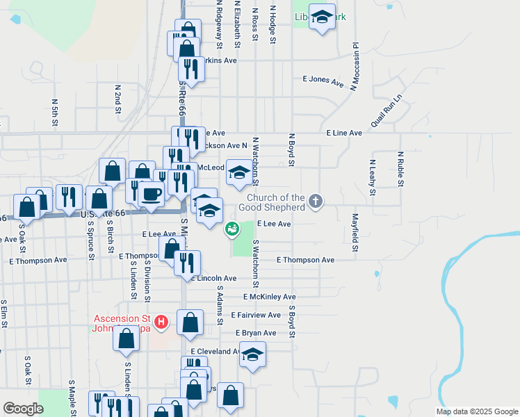 map of restaurants, bars, coffee shops, grocery stores, and more near 1243 East Dewey Avenue in Sapulpa