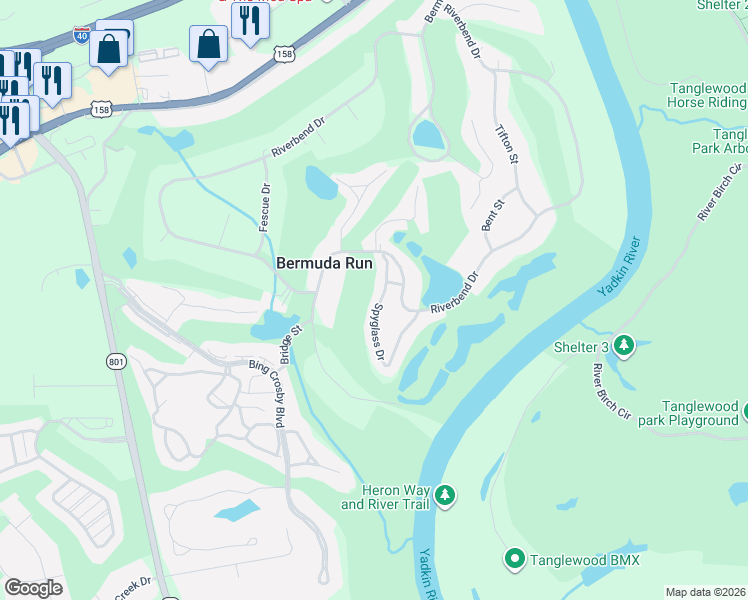 map of restaurants, bars, coffee shops, grocery stores, and more near 165 Spyglass Drive in Bermuda Run