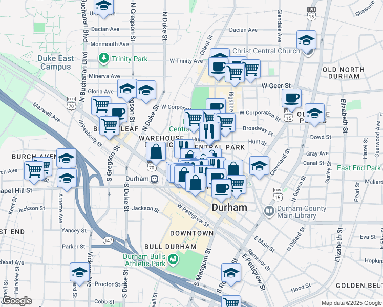 map of restaurants, bars, coffee shops, grocery stores, and more near 200 Morris Street in Durham
