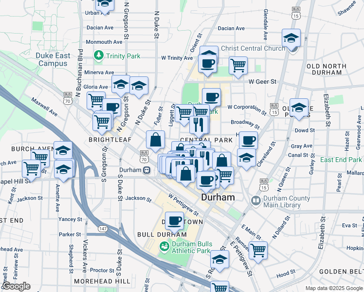 map of restaurants, bars, coffee shops, grocery stores, and more near 320 West Morgan Street in Durham