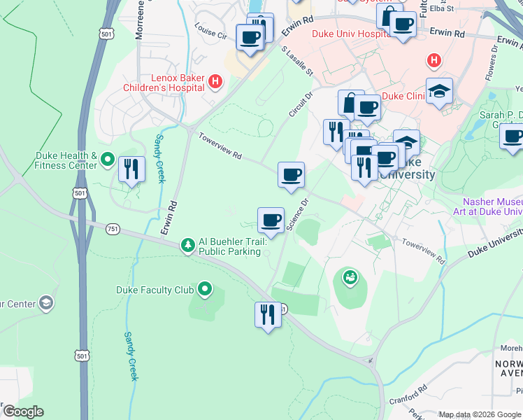 map of restaurants, bars, coffee shops, grocery stores, and more near in Durham