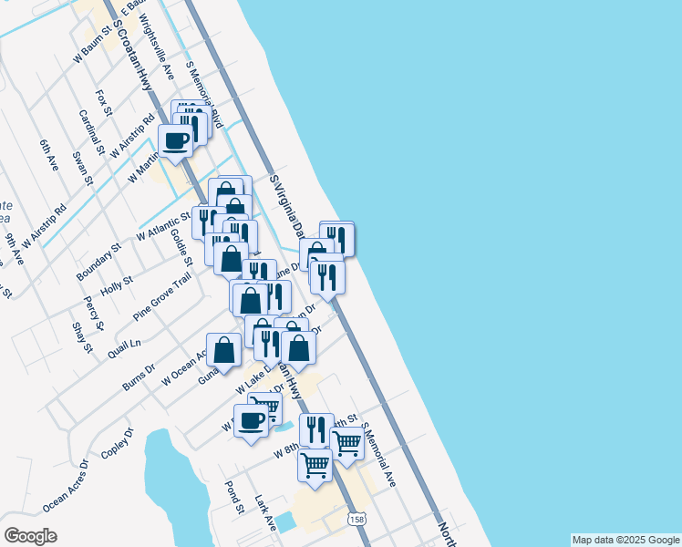 map of restaurants, bars, coffee shops, grocery stores, and more near 1618 South Virginia Dare Trail in Kill Devil Hills