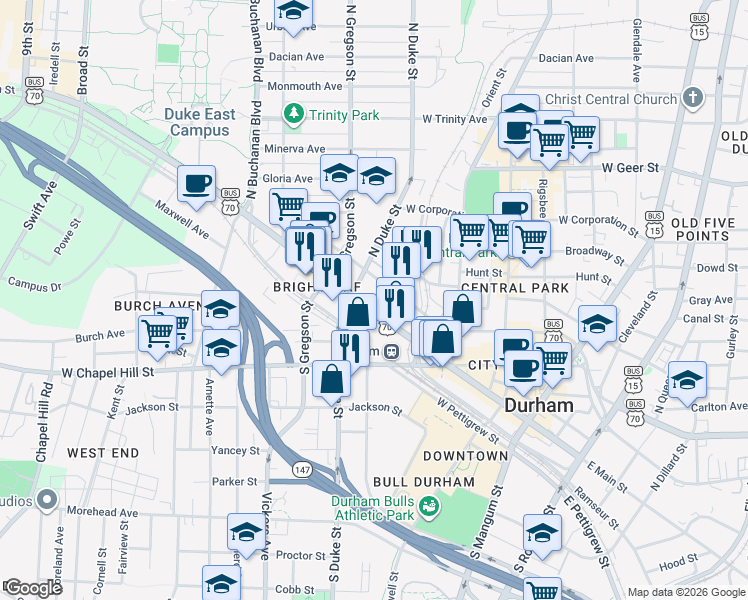 map of restaurants, bars, coffee shops, grocery stores, and more near 605 West Main Street in Durham