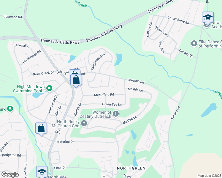 map of restaurants, bars, coffee shops, grocery stores, and more near 1137 Opossum Trot Lane in Rocky Mount