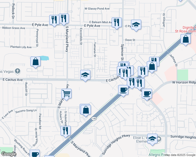 map of restaurants, bars, coffee shops, grocery stores, and more near 1513 Homeward Cloud Avenue in Las Vegas