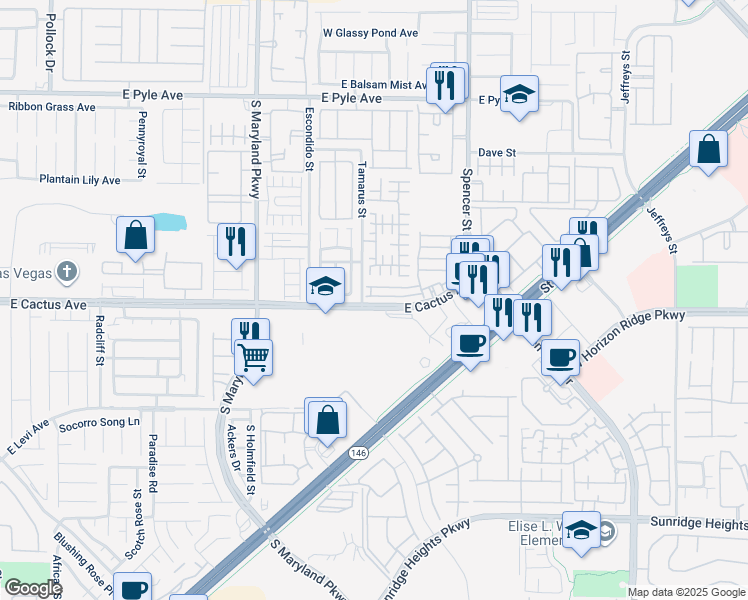 map of restaurants, bars, coffee shops, grocery stores, and more near 1513 Homeward Cloud Avenue in Las Vegas