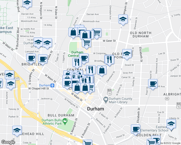map of restaurants, bars, coffee shops, grocery stores, and more near 201 Hunt Street in Durham